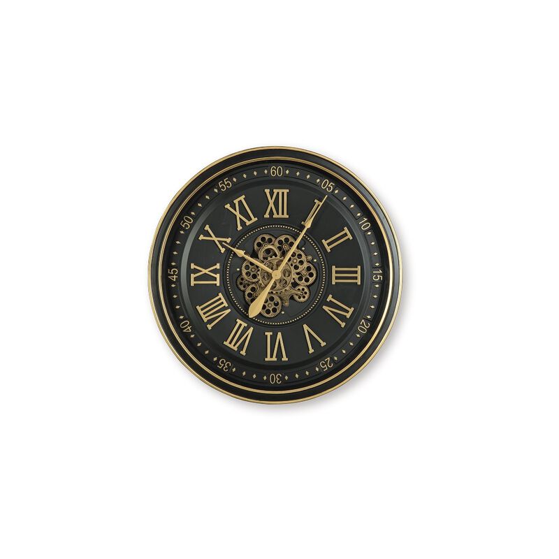 Wall Clock with Gears, Gold Roman Numerals, 32 Inch Round Black Metal image number 2