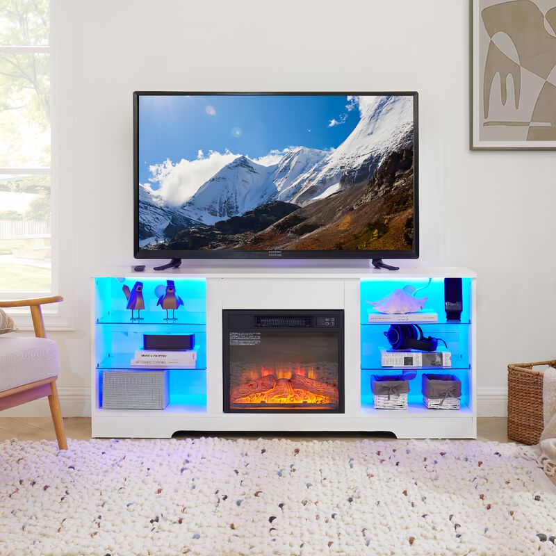 TV Stand with Electric Fireplace and Glass Shelves &ndash; Cozy Entertainment Center with Modern Storage