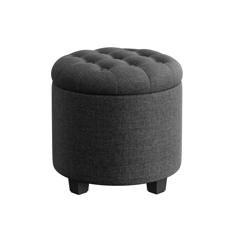 Linen Fabric Storage Ottoman Bench - Dark Gray Footstool with Foam Padded Seat and Solid Wood Legs