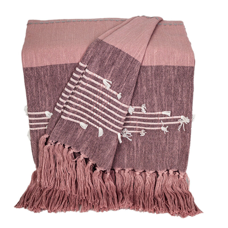 HomeRoots 50" X 60" Pink Woven Cotton Striped Throw Blanket with Tassels and Embroidery image number 3