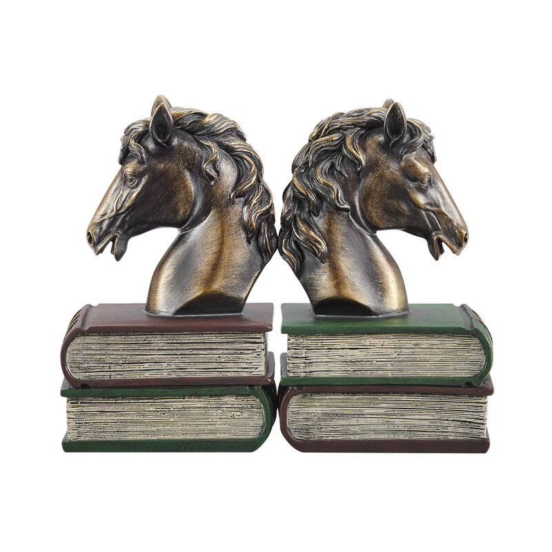 Danya B. Horses on Books Polyresin Antique Patina Finish Bookend Set of 2