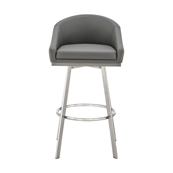 Dalza 30 Inch Swivel Barstool Chair, Cushioned Open Back, Gray Faux Leather - Benzara