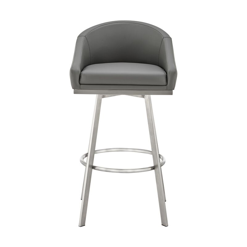 Dalza 30 Inch Swivel Barstool Chair, Cushioned Open Back, Gray Faux Leather - Benzara