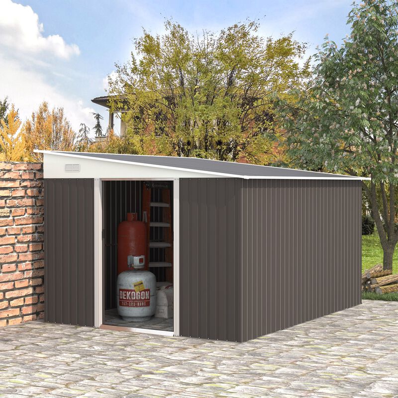 11' x 9' Steel Garden Storage Shed Outdoor Metal Lean To Tool House with Double Sliding Lockable Doors & 2 Air Vents, Grey