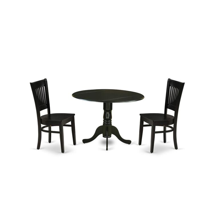 East West Furniture - DLVA3-BLK-W - 3-Piece Kitchen Table Set- 2 Mid Century Chair with Wooden Seat and Slatted Chair Back - Drop Leaves Breakfast Table - Black Finish