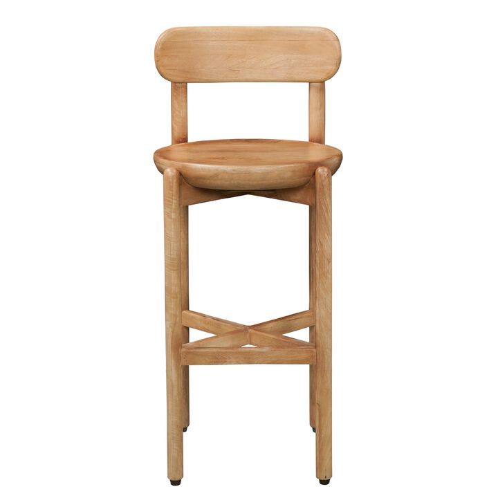 Maona Bar Stool Chair with Round Seat, Curved Open Back, Natural Brown Mango Wood