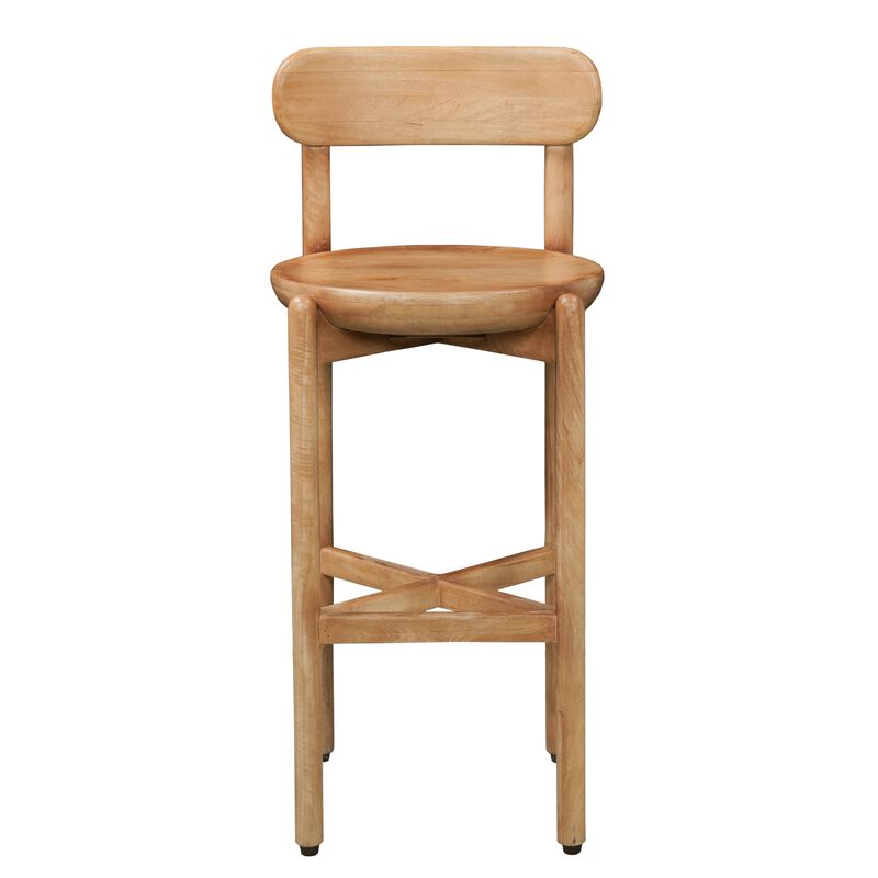 Maona Bar Stool Chair with Round Seat, Curved Open Back, Natural Brown Mango Wood image number 0