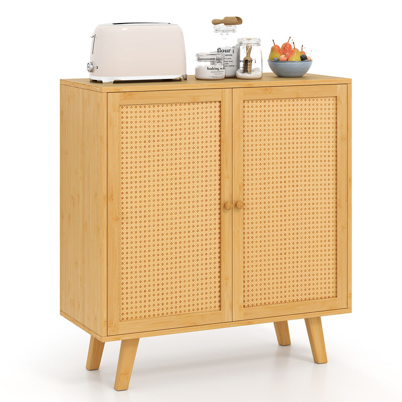 Wicker Buffet Cabinet with Rattan Doors – Rustic Freestanding Kitchen Storage Cupboard
