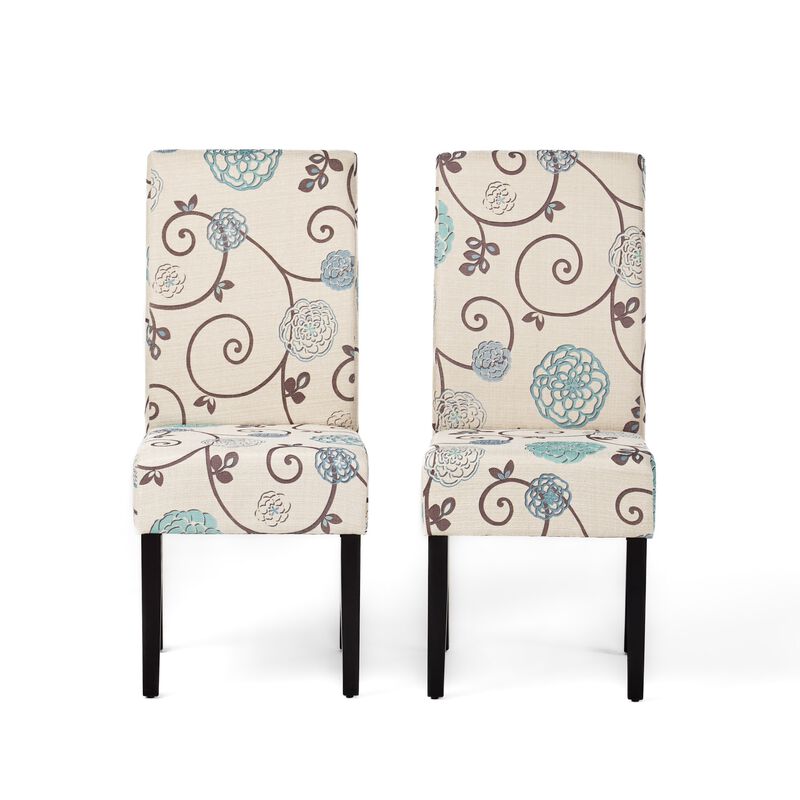 Dining Chair Set of 2, Beige Fabric, Soft Cushions, Black Rubberwood - Benzara