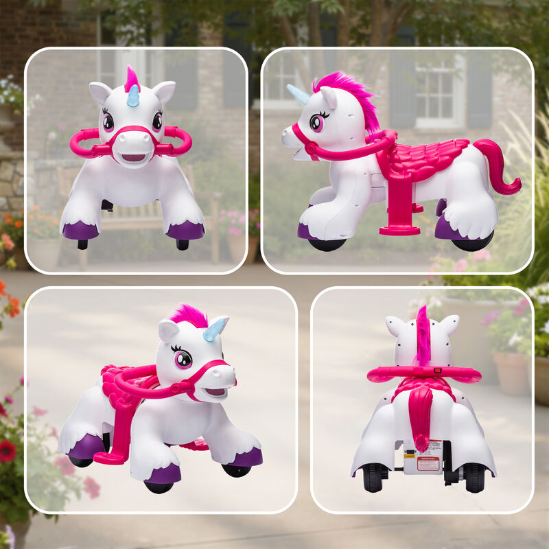 BreeBe 12V Unicorn Ride on Horse with Carrot Toy, Comb, Animal Sounds image number 7