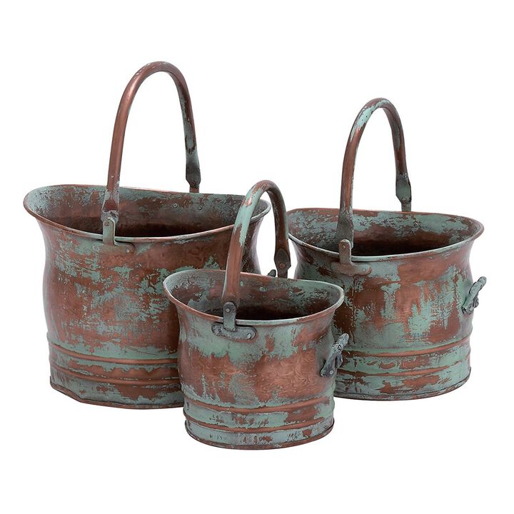 Tinged Metal Bucket Planter With Handles, Patina Rust Finish, Green, Set of 3-Benzara