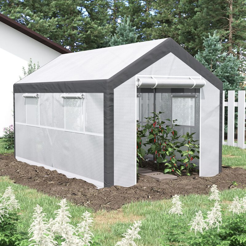 Outsunny 12' L x 7' W x 7' H Walk-in Outdoor Tunnel Greenhouse, PE Cover, Steel Frame, 2 Roll-Up Zipper Doors & 4 Windows for Flowers, Vegetables, Tropical Plants, White/Dark Gray