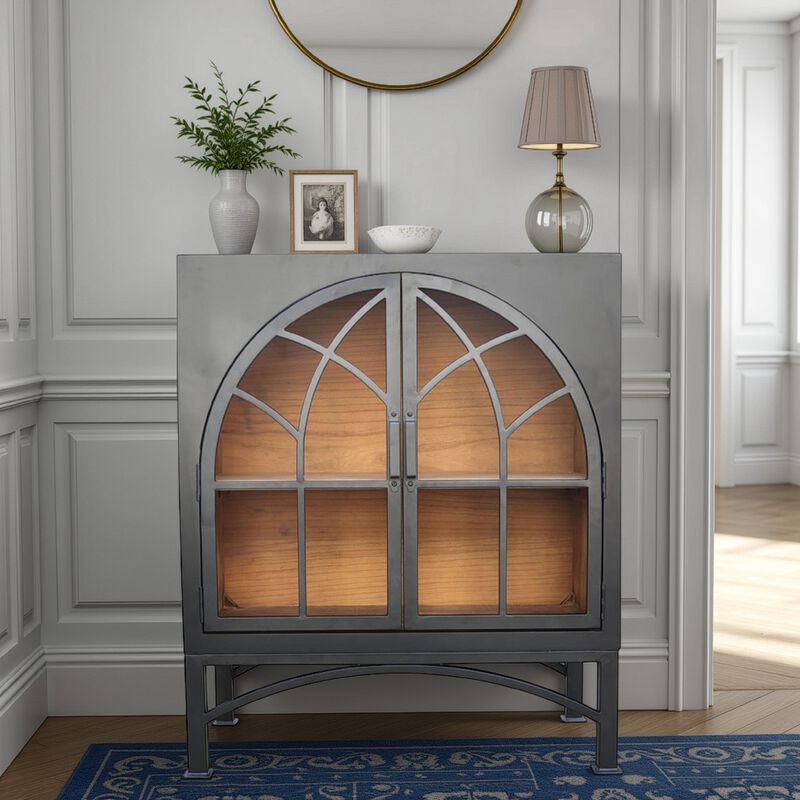 Veria Small China Cabinet, 2 Door Arch Frame, Matte Black 42 Inch - Benzara