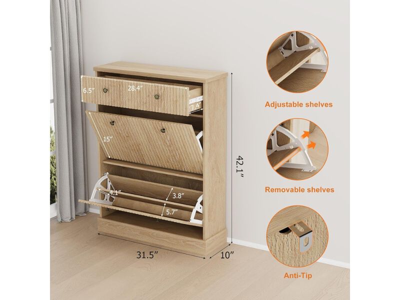 Slim Entryway Wood Shoe Storage Cabinet Flip Drawer Adjustable Natural Oak image number 2
