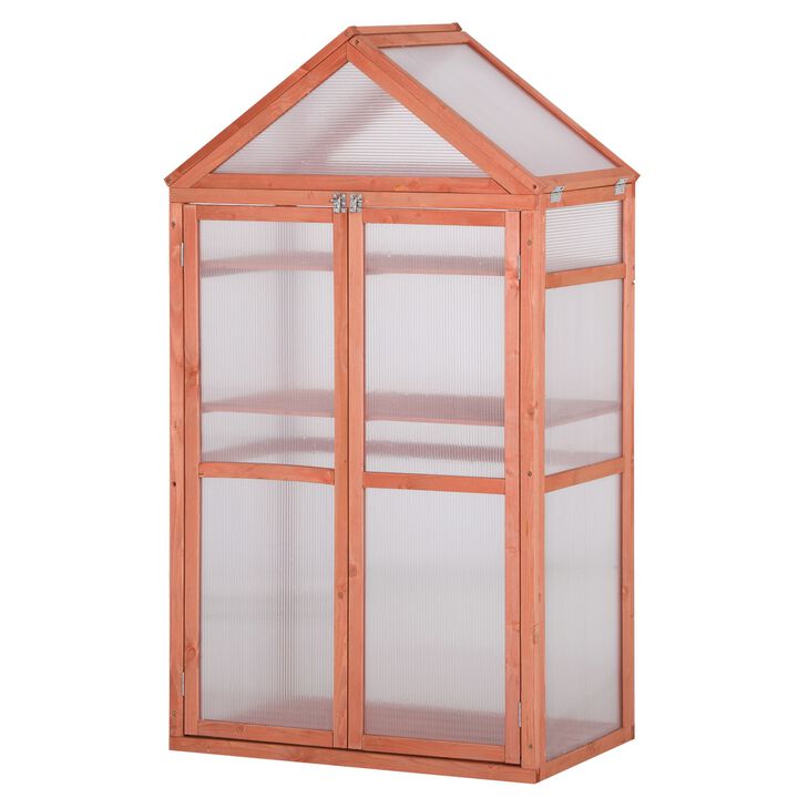 Outsunny 32" x 19" x 54" Garden Wood Cold Frame Greenhouse Flower Planter with Adjustable Shelves, Double Doors, Orange