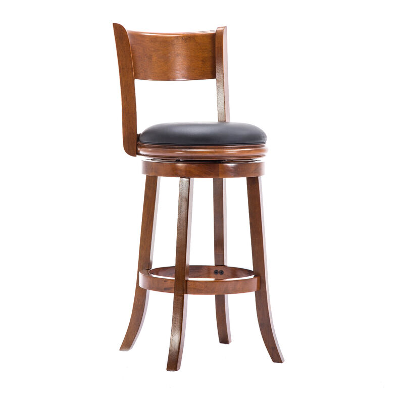 Pal 29 Inch Swivel Bar Stool, Solid Wood, Bonded Leather, Walnut Brown - Benzara image number 0