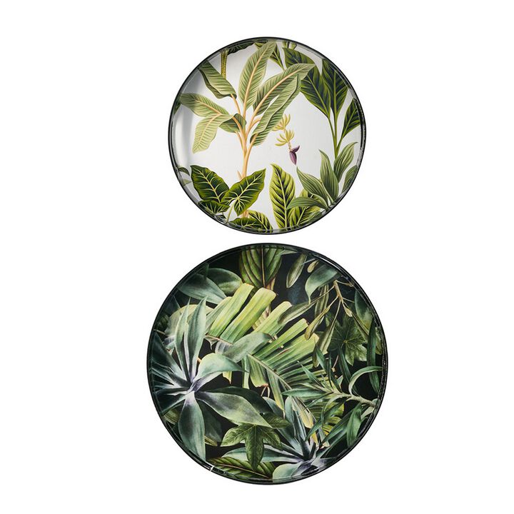 Set of 2 Decorative Trays, Black Plastic Frame, Lush Palm Leaf Printing - Benzara