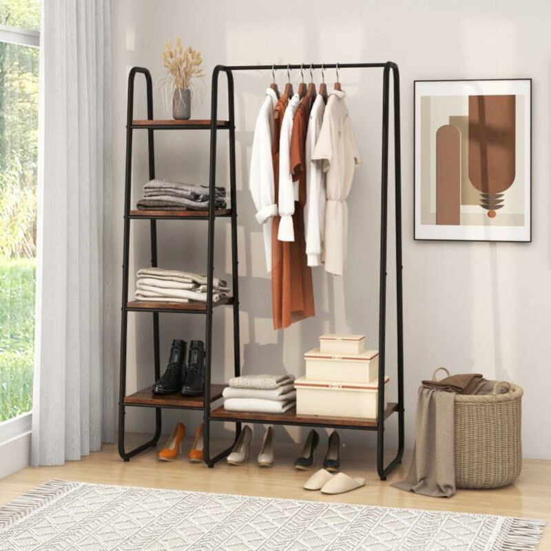 Industrial Freestanding Clothing Rack – Metal Rod with Wooden Storage Shelves