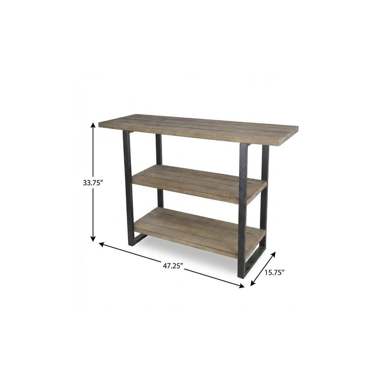 HomeRoots 47" Brown and Black Wood and Metal Distressed Console Table With Two Shelves image number 5