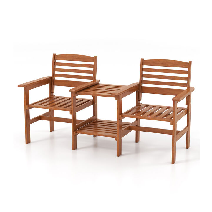 Outdoor Patio 2-Seat Wood Conversation Set with Coffee Table and Umbrella Hole
