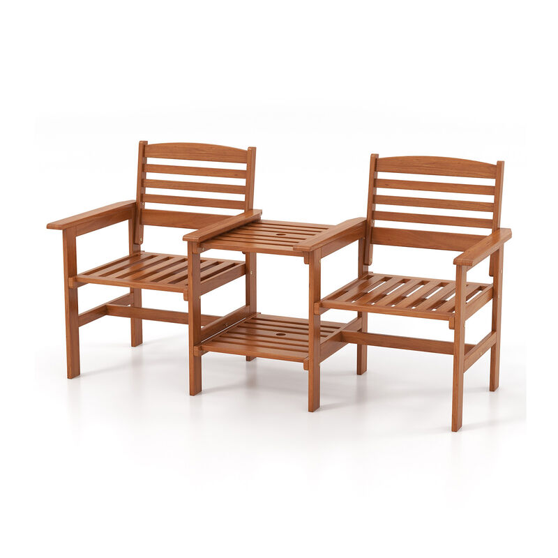 Outdoor Patio 2-Seat Wood Conversation Set with Coffee Table and Umbrella Hole