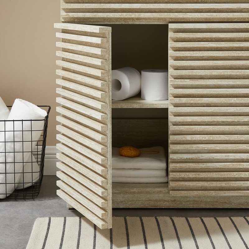 Modway Render Faux Travertine Slatted 30 Inch Bathroom Vanity in White with Sink Combo - Mid-Century Modern Single Sink Bathroom Vanity - Vanity Cabinet with Soft-Close Doors image number 1