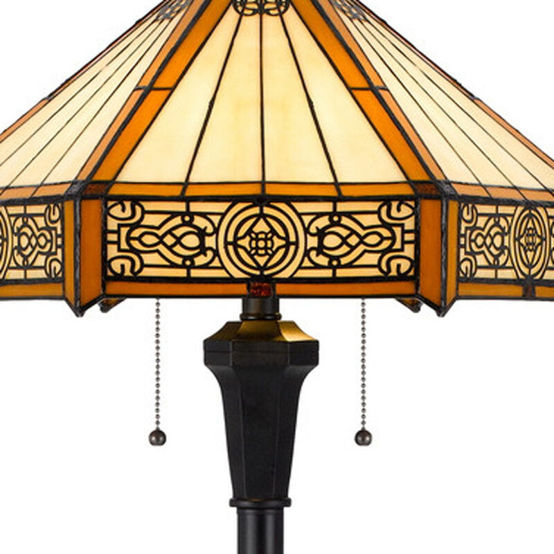 HomeRoots 60" Bronze Two Light Traditional Shaped Floor Lamp With Orange and Ivory Abstract Tiffany Glass Empire Shade image number 3