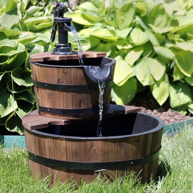 Sunnydaze Wooden Bowl/Barrel Water Fountain with Hand Pump/Liner - 23 in
