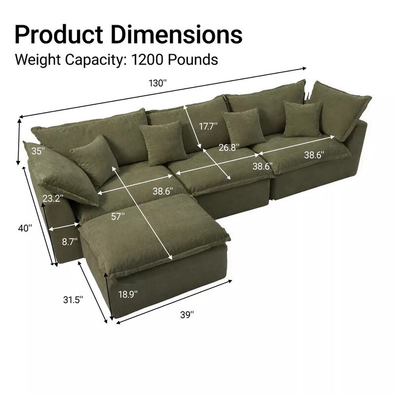 Vipbear 130 Inch Oversized Modular L Shaped Cloud Sectional Sofa with Movable Ottoman, Living Room image number 1