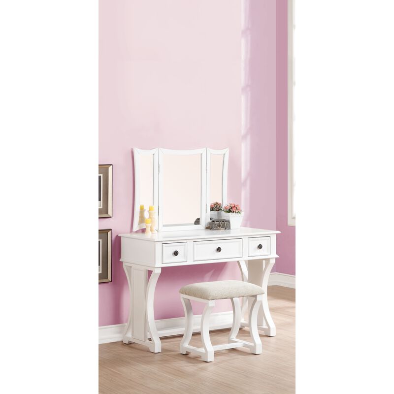 White MDF Vanity Set with Foldable Mirror & Stool
