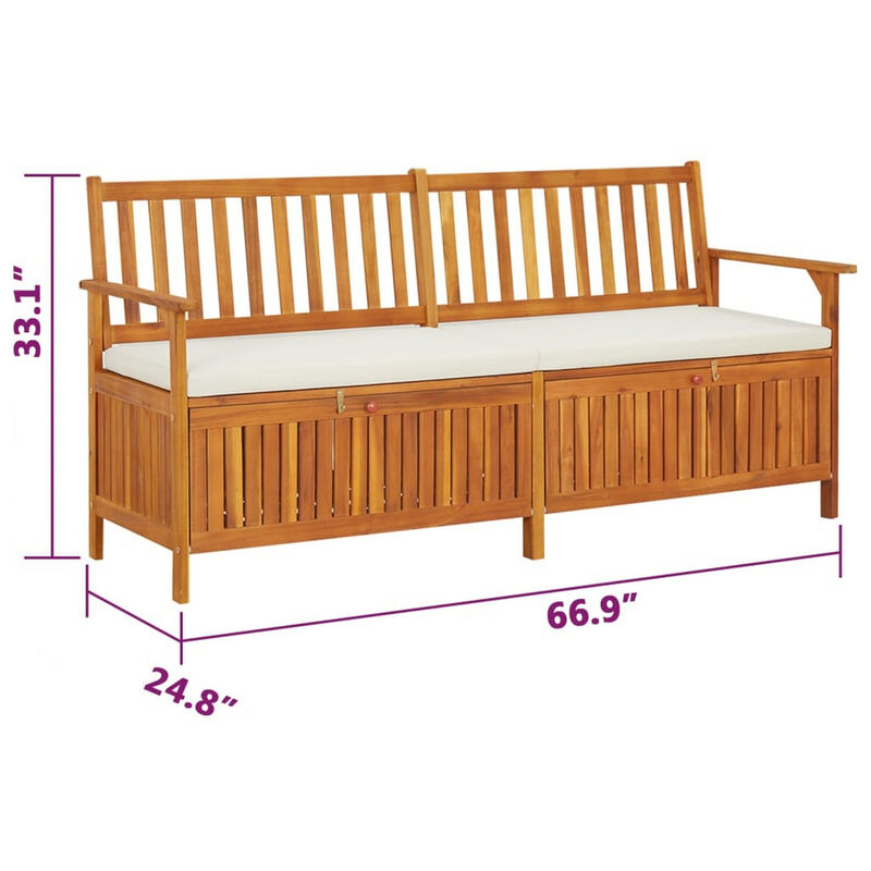Outdoor Storage Bench, White Fabric Cushion, 66 Inch Brown Acacia Wood - Benzara