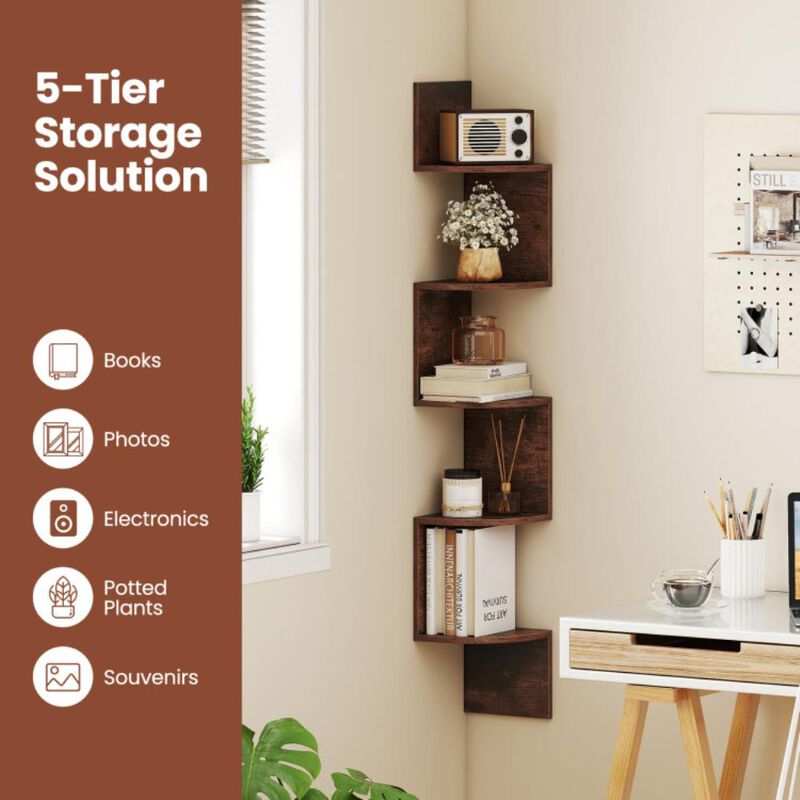 Hivvago 5-Tier Corner Shelf Floating Bookshelf Wall Mounted Storage Organizer
