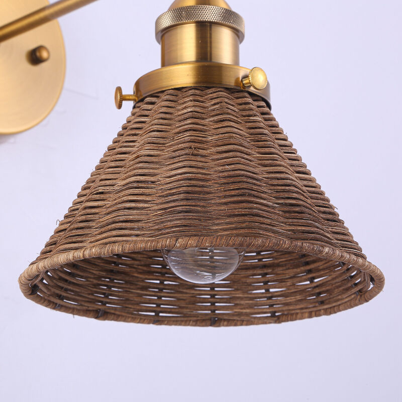 11.8" 1-Light Vintage Farmhouse Gold Rattan LED Wall Sconces with Adjustable Lamp Head