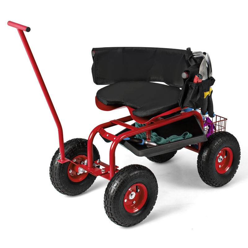 Portable Garden Seat Cart with Wheels, Swivel Function, and Tool Storage