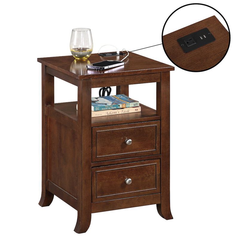 Convenience Concepts Melbourne 2 Drawer End Table with Charging Station and Shelf