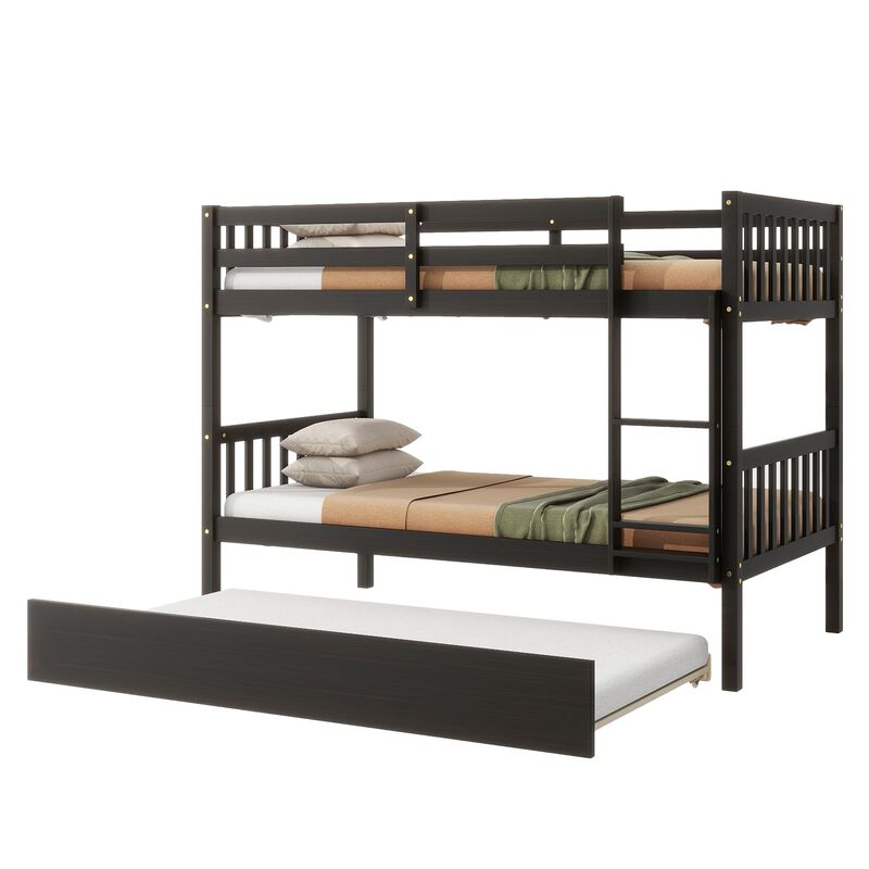 Whisen Twin Over Twin Rubber Wood Bunk Bed with Trundle, Convertible into Twin Size Beds, Twin Size Bunk Bed with Ladder and Safety Guardrails - White