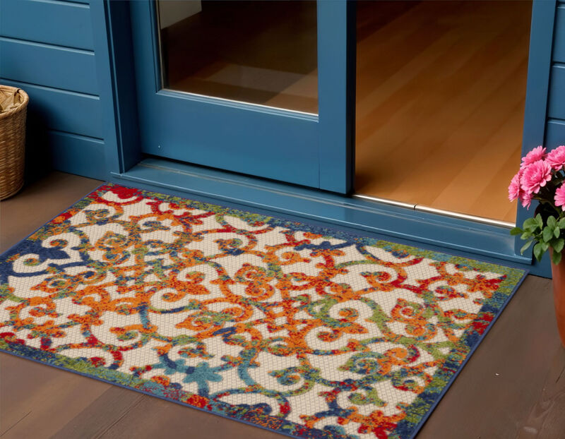 HomeRoots 3' X 4' Navy Blue Beige Green Orange And Red Trellis Indoor Outdoor Area Rug image number 1