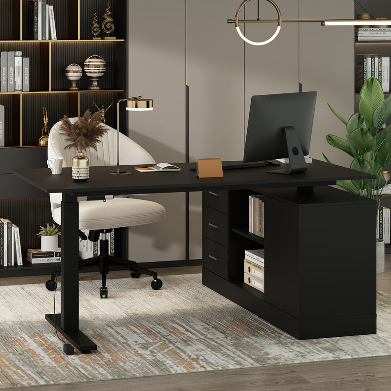 FUFU&GAGA 63-in White Modern/Contemporary L-shaped Desk Hutch Included  (63" W x 31.5" D x 29.1" H) ,Black