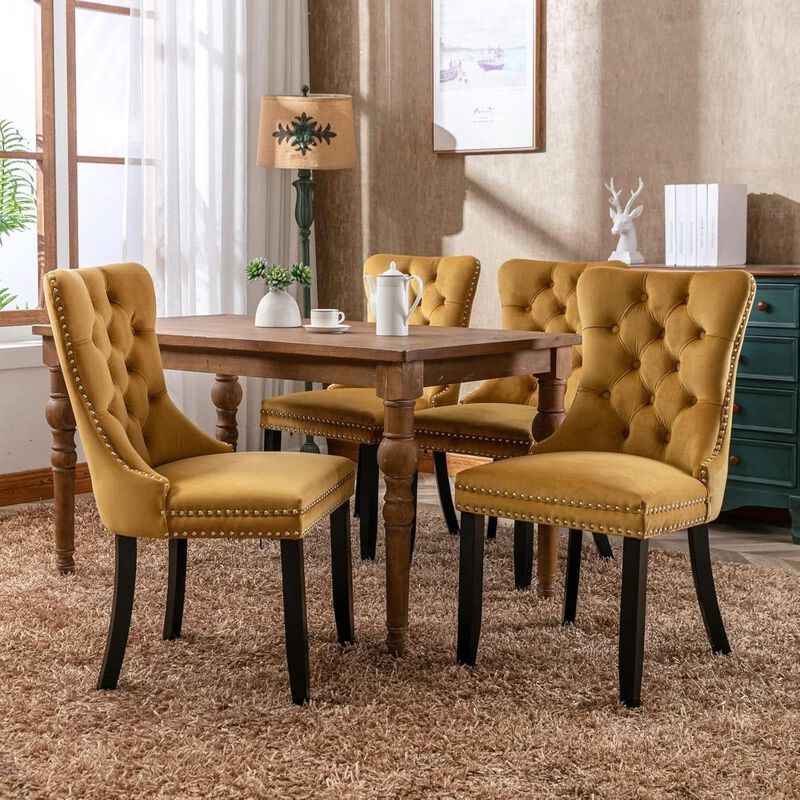 ShipItFurniture Velvet Dining Chairs Gold Finishing Collection Set - 2-Piece High-Back Tufted Velvet Side Chairs, Walnut Legs image number 6