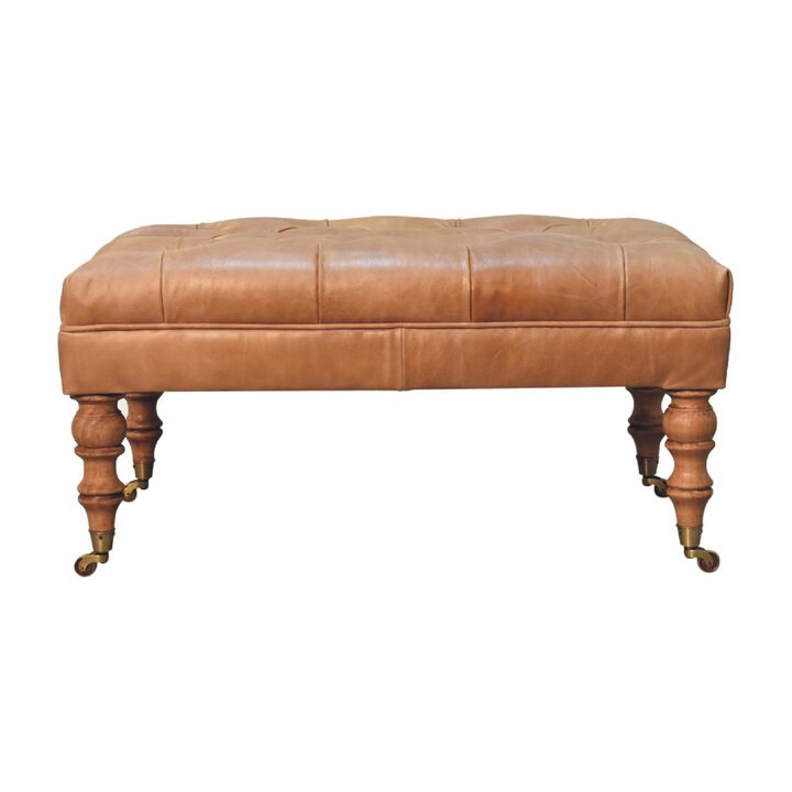 Artisan Furniture  Solid Wood Buffalo Tan Leather Ottoman with Castor Legs