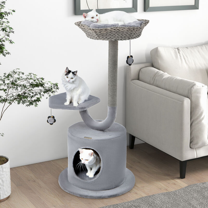 42" Tall Cat Tower with Curved Metal Supporting Frame for Large & Small Cats-Grey