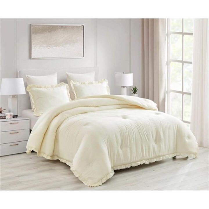 Hivvago Oversized King Ivory Microfiber 3-Piece Comforter Set with Ruffled Edge Trim