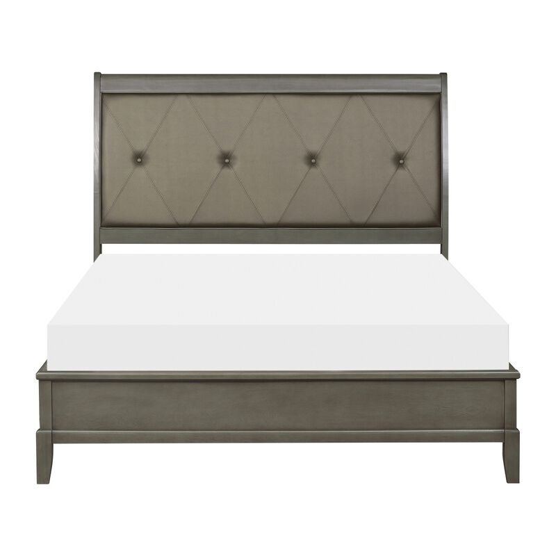 Transitional Style Gray Finish 1pc Queen Size Sleigh Bed Button-Tufted Faux Leather Upholstered Headboard Bed Frame