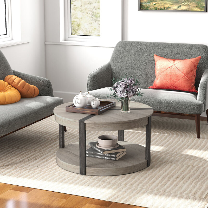 2-Tier Round Coffee Table in Rubber Wood with Large Tabletop and Storage Shelf