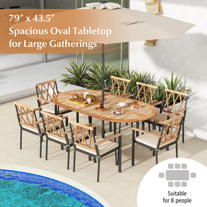 79 Inch Oval Patio Dining Table with Umbrella Hole and Acacia Wood Tabletop for 8 People image number 6