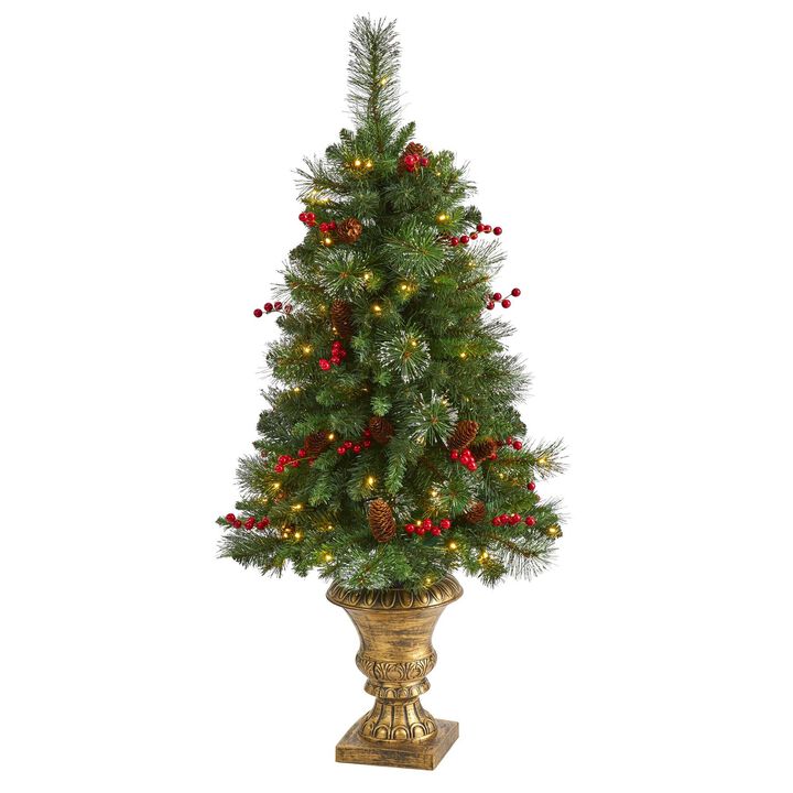 Nearly Natural 4-ft Pine, Pinecone and Berries Artificial Christmas Tree with 100 Clear LED Lights in Decorative Urn