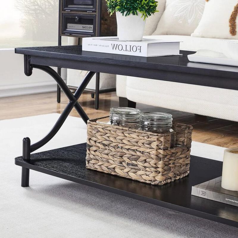 Hivvago Modern Industrial Black Metal Wood Coffee Table with Bottom Storage Shelf