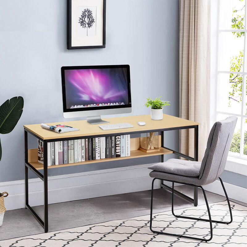 Costway 55'' Computer Desk Writing Table Workstation Home Office w/Bookshelf Natural image number 3