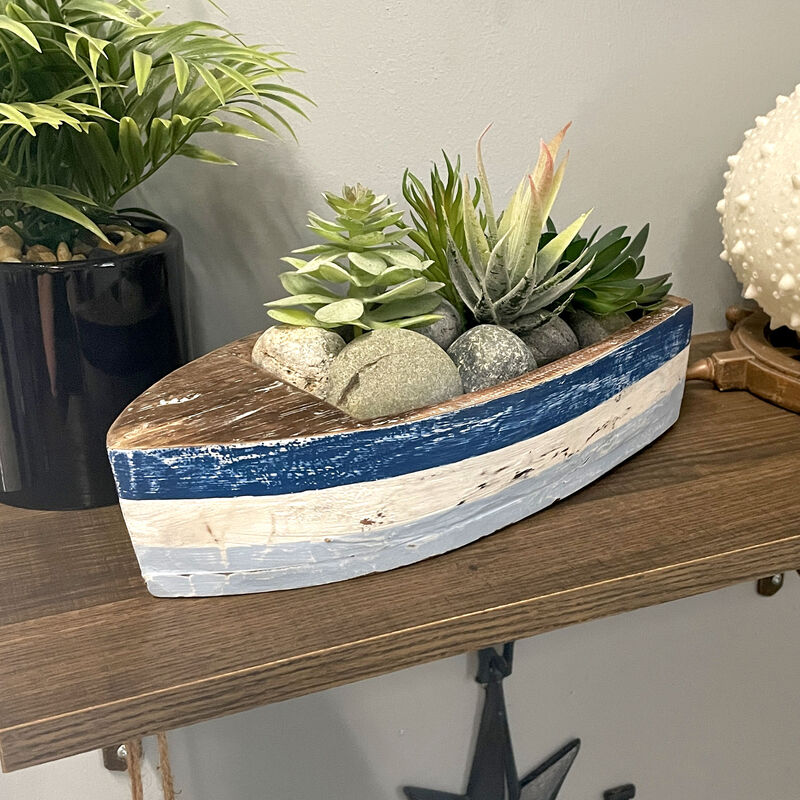 12 Inch Wooden Boat Tray &ndash; Nautical Blue Coastal Decor Centerpiece Bowl image number 8