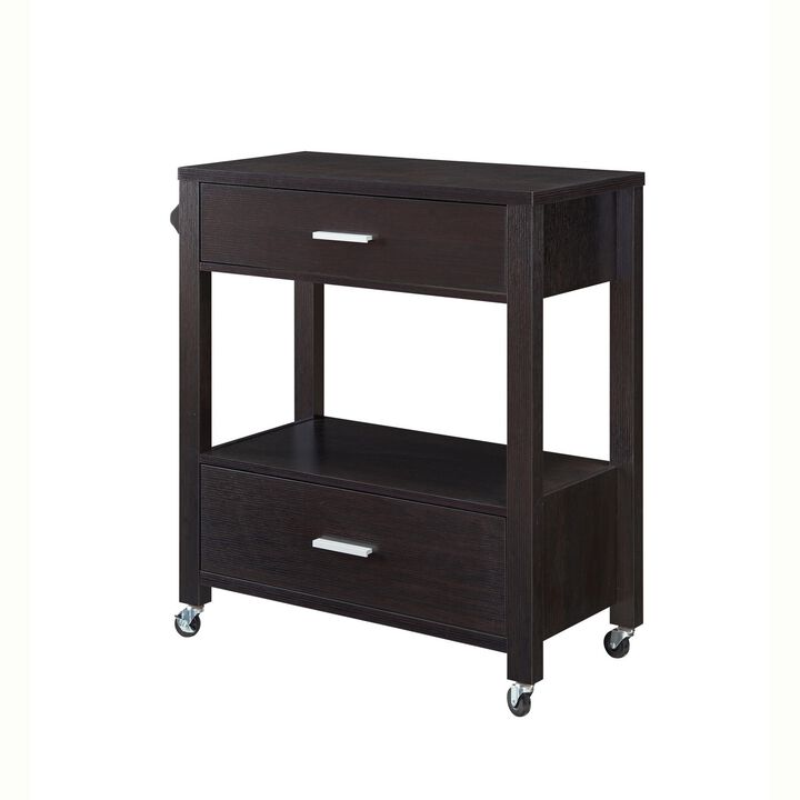 2 Drawer Wooden Kitchen Cart with Casters and 1 Open Shelf, Dark Brown-Benzara